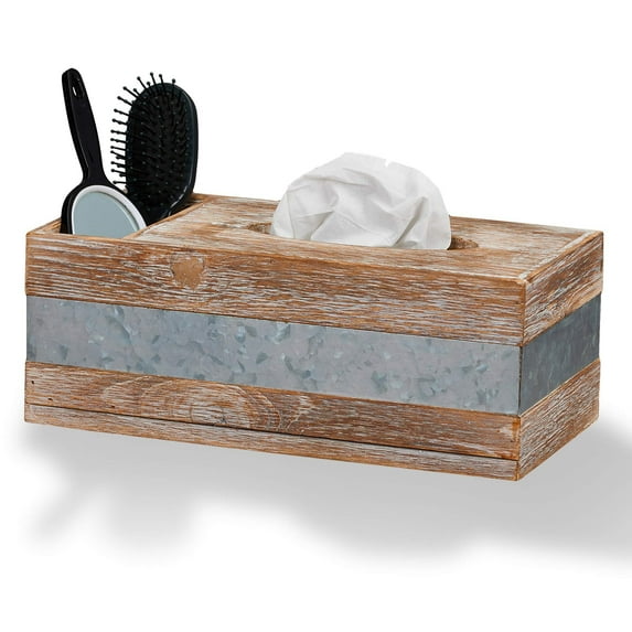 Barnyard Designs Rustic Metal and Distressed Wood Rectangular Tissue Box Cover with Storage Compartment - Decorative Facial Tissue Box Holder Farmhouse Country Decor, 12.5��� x 6&a