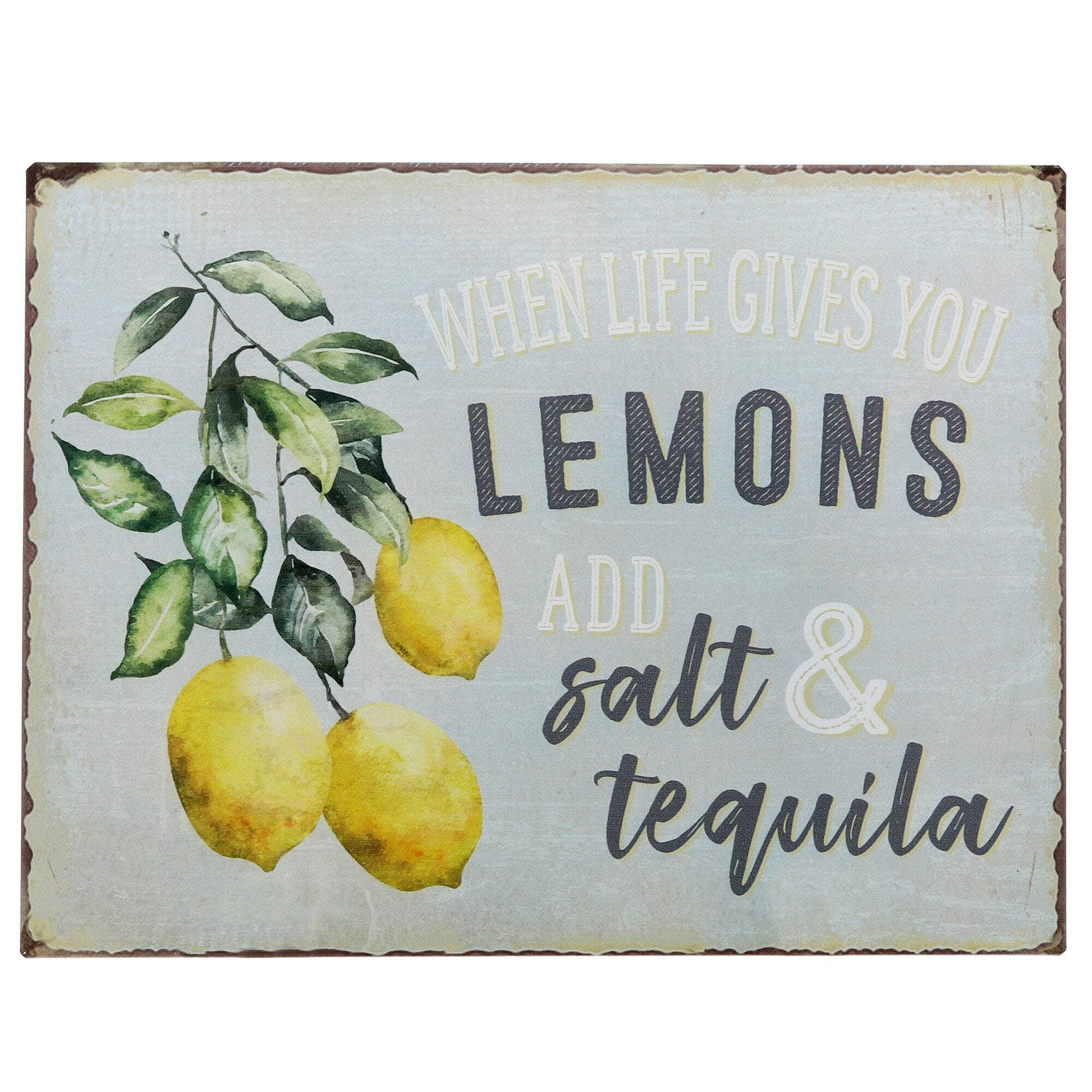 Retro Tin Bar Sign with Lemons and Tequila Quote, 13" x 10"