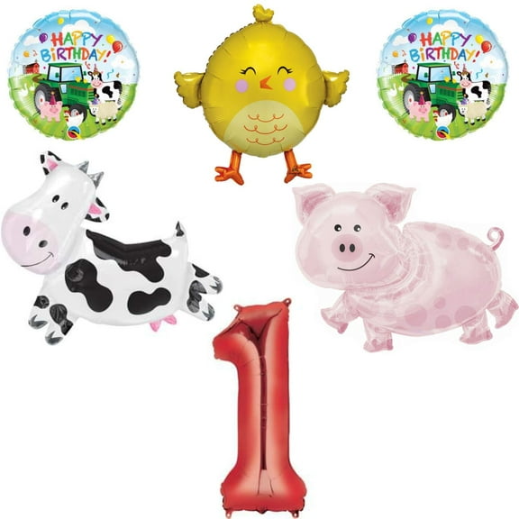Barnyard Farm Animals 1st Birthday Big Balloon Bundle, for 1 Year Old, Cow, Pig, Chick