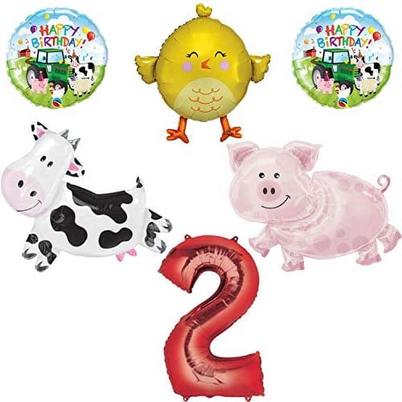 Barnyard Farm Animals 2nd Birthday Big Balloon Bundle, for 2 Year Old, Cow, Pig, Chick