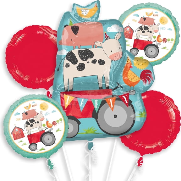 Barnyard Farm Animals Birthday Bouquet of Balloons, includes 5 foil balloons