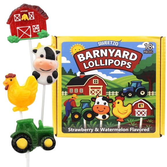 Barnyard Lollipops, Farm, Animal and Tractor Suckers, Birthday Party Candy, 18 Count, 7.62 Ounce Box