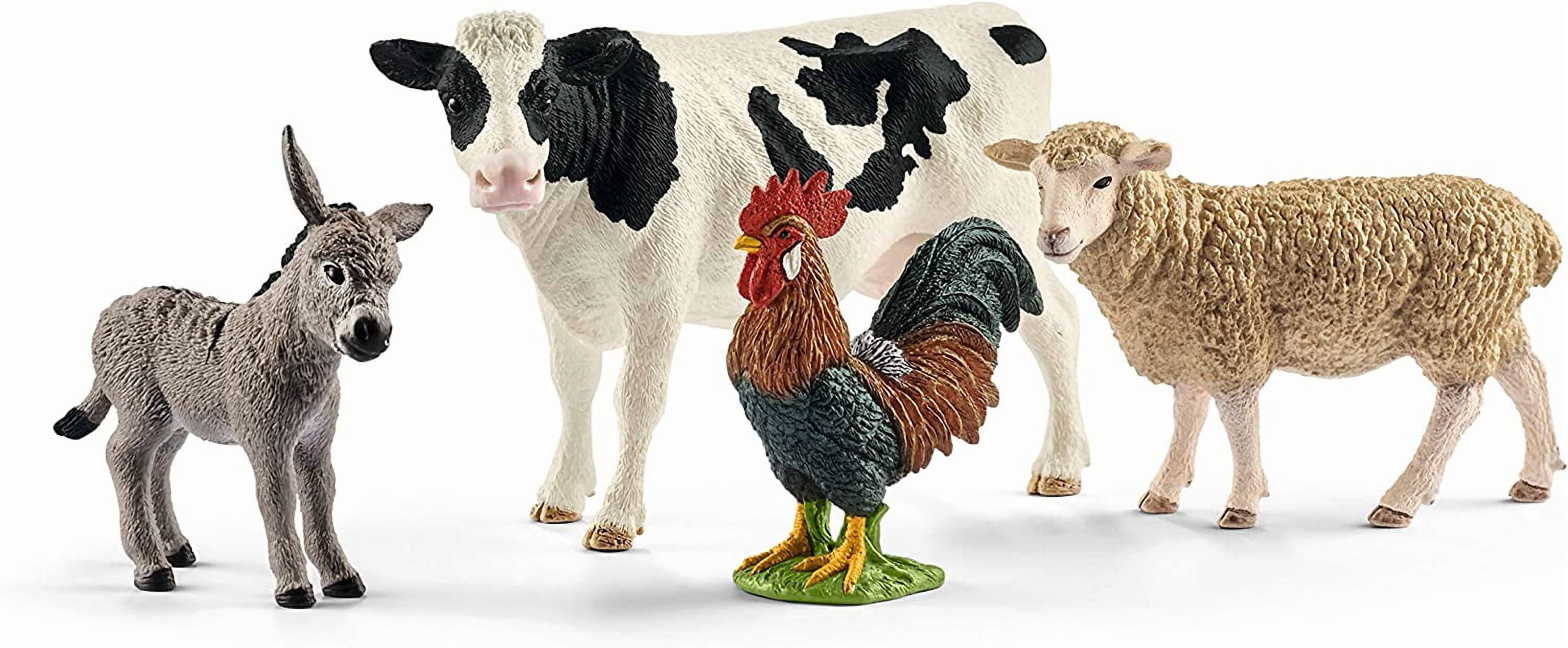 schleich Farm World - 4 PC Barnyard Animal Figurine Set with Cow, Sheep, Rooster and Donkey - Animal Toy Set for Kids Ages 3+