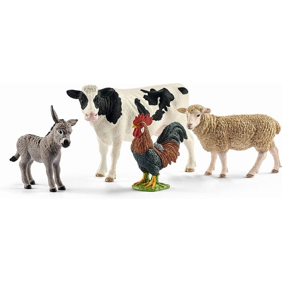 schleich Farm World - 4 PC Barnyard Animal Figurine Set with Cow, Sheep, Rooster and Donkey - Animal Toy Set for Kids Ages 3+