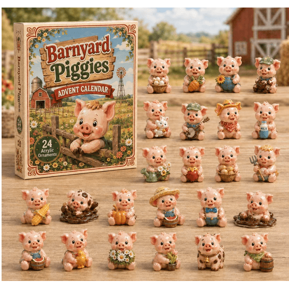 Barnyard Piggies Advent Calendar, 24 Pieces Farm Pig Acrylic Ornaments Christmas Countdown Box