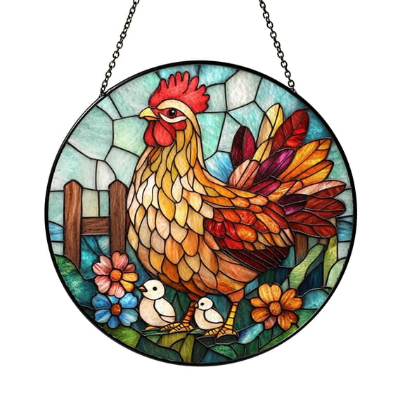 Barnyard Rooster Decorative Window Hanging, Stained Glass Inspired Farm Animal Art Panel for Home