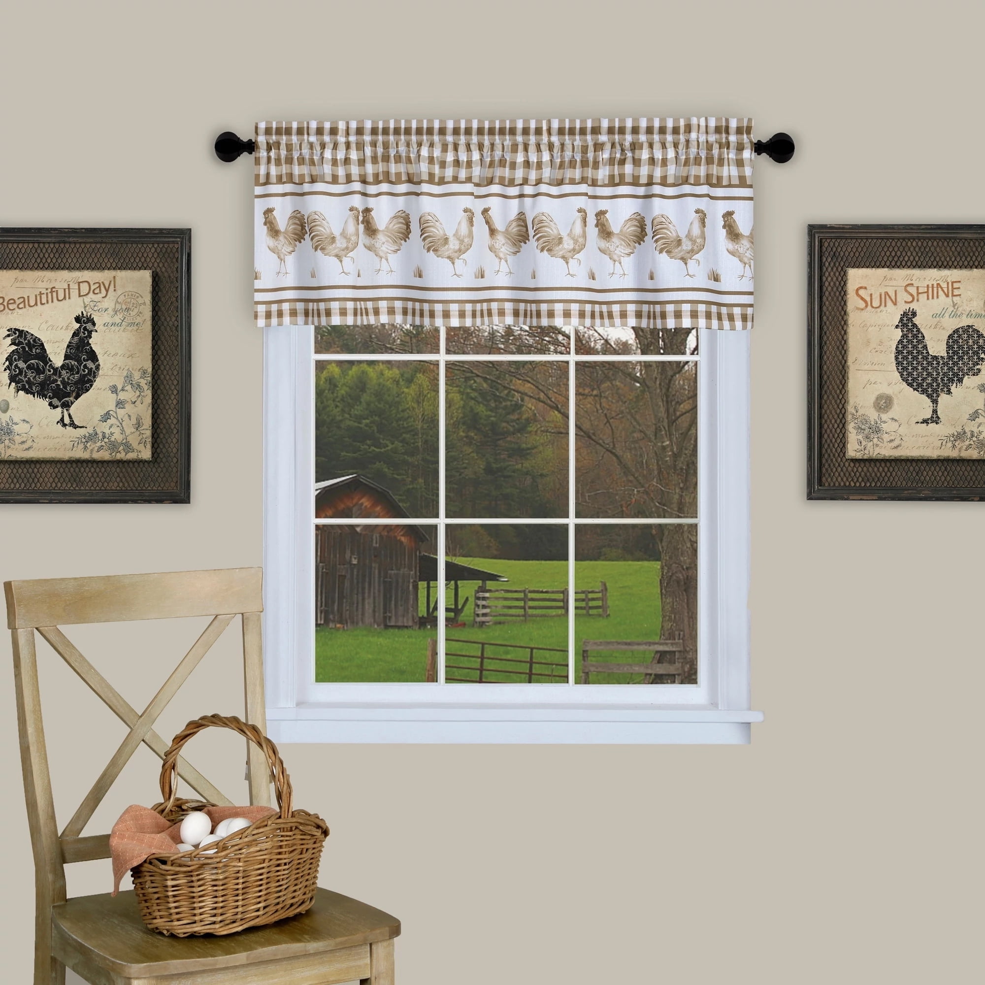 Taupe Gingham Plaid Rooster Pattern Valance, 58 x 14