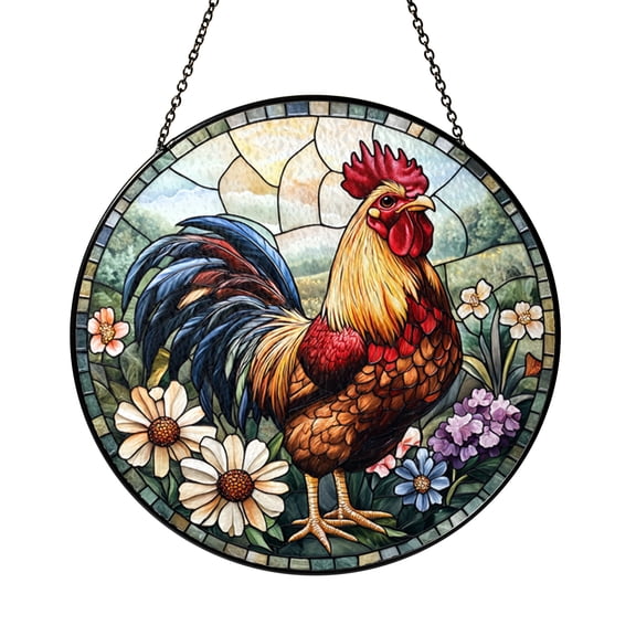 Barnyard Rooster Window Decor, Stained Glass Inspired Rustic Animal Suncatcher Panel for Farmhouse Home