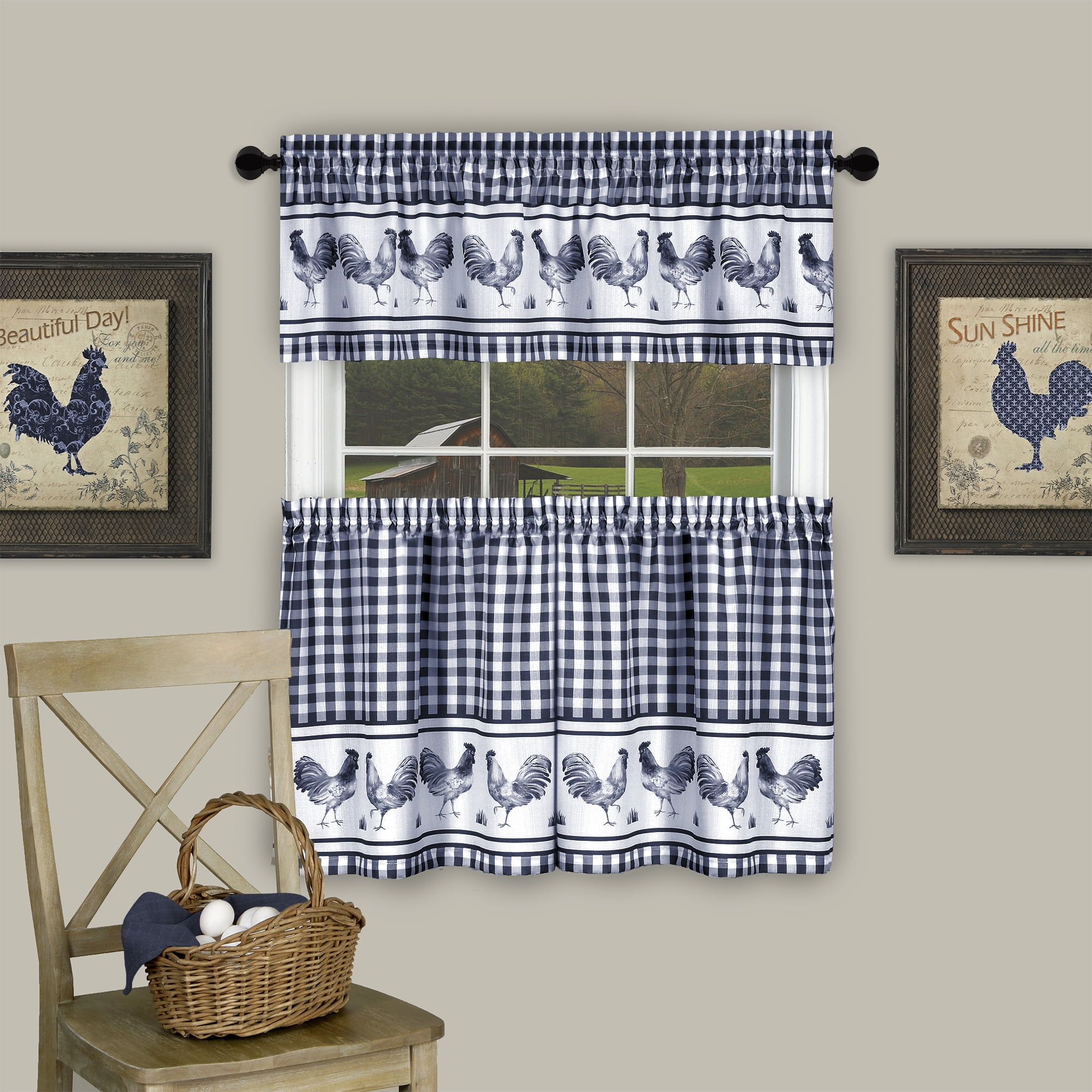 Navy Gingham Rooster Kitchen Curtain Tier Pair and Valance Set, 58 x 36