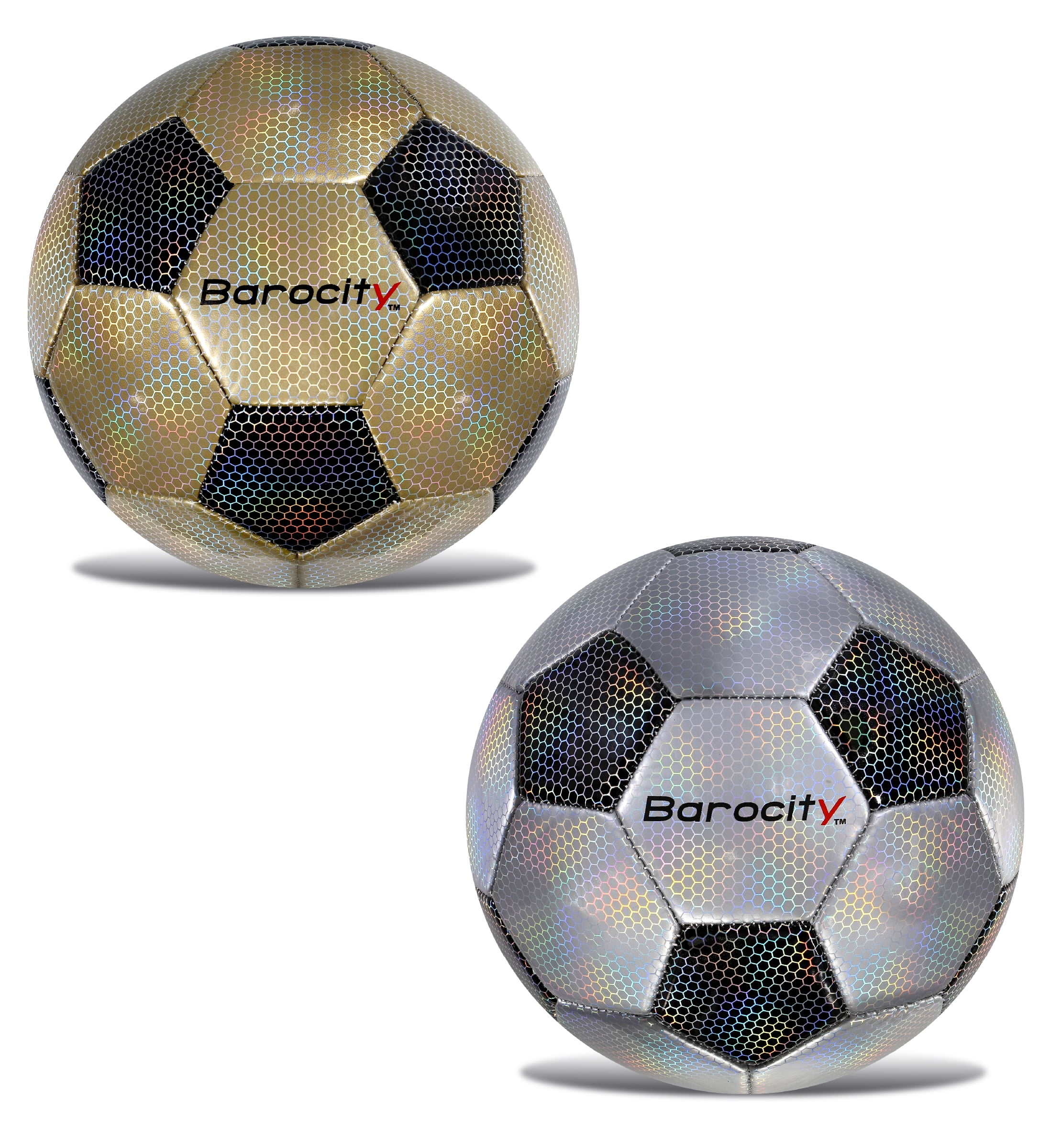Barocity Classic Modern Pattern Soccer Balls Set of 2 - Black, Gold and Silver Official Match Ball with Reflective Hex Pattern, Sport Soccer Balls for Indoor and Outdoor Training and Practice - Size 3