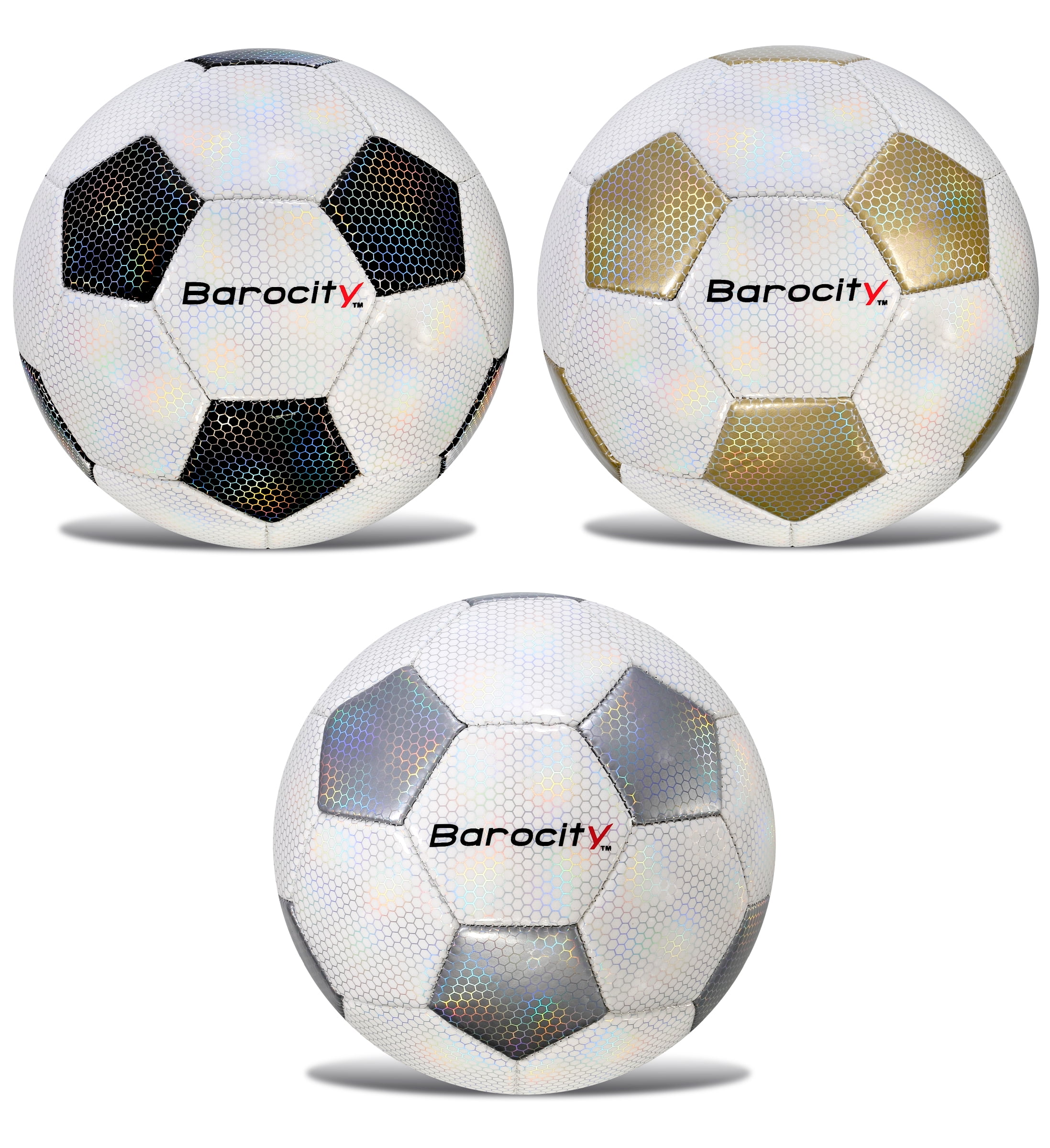 Barocity Classic Modern Pattern Soccer Balls Set of 3 - Black, Gold and Silver Official Match Ball with Reflective Hex Pattern, Sport Soccer Balls for Indoor and Outdoor Training - Size 5