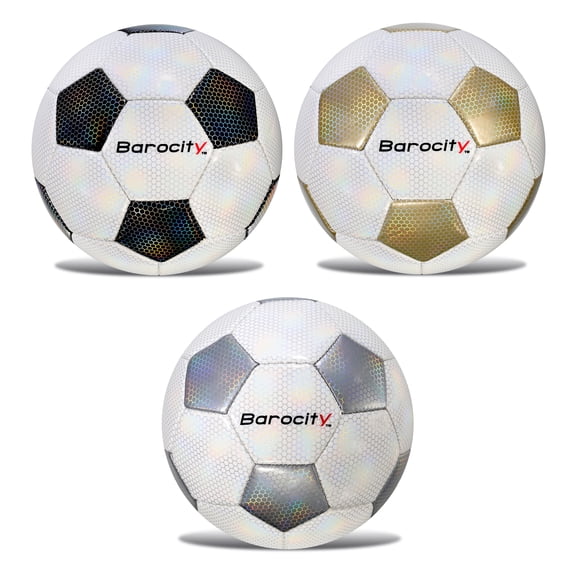 Barocity Classic Modern Pattern Soccer Balls Set of 3 - Black, Gold and Silver Official Match Ball with Reflective Hex Pattern, Sport Soccer Balls for Indoor and Outdoor Training - Size 5