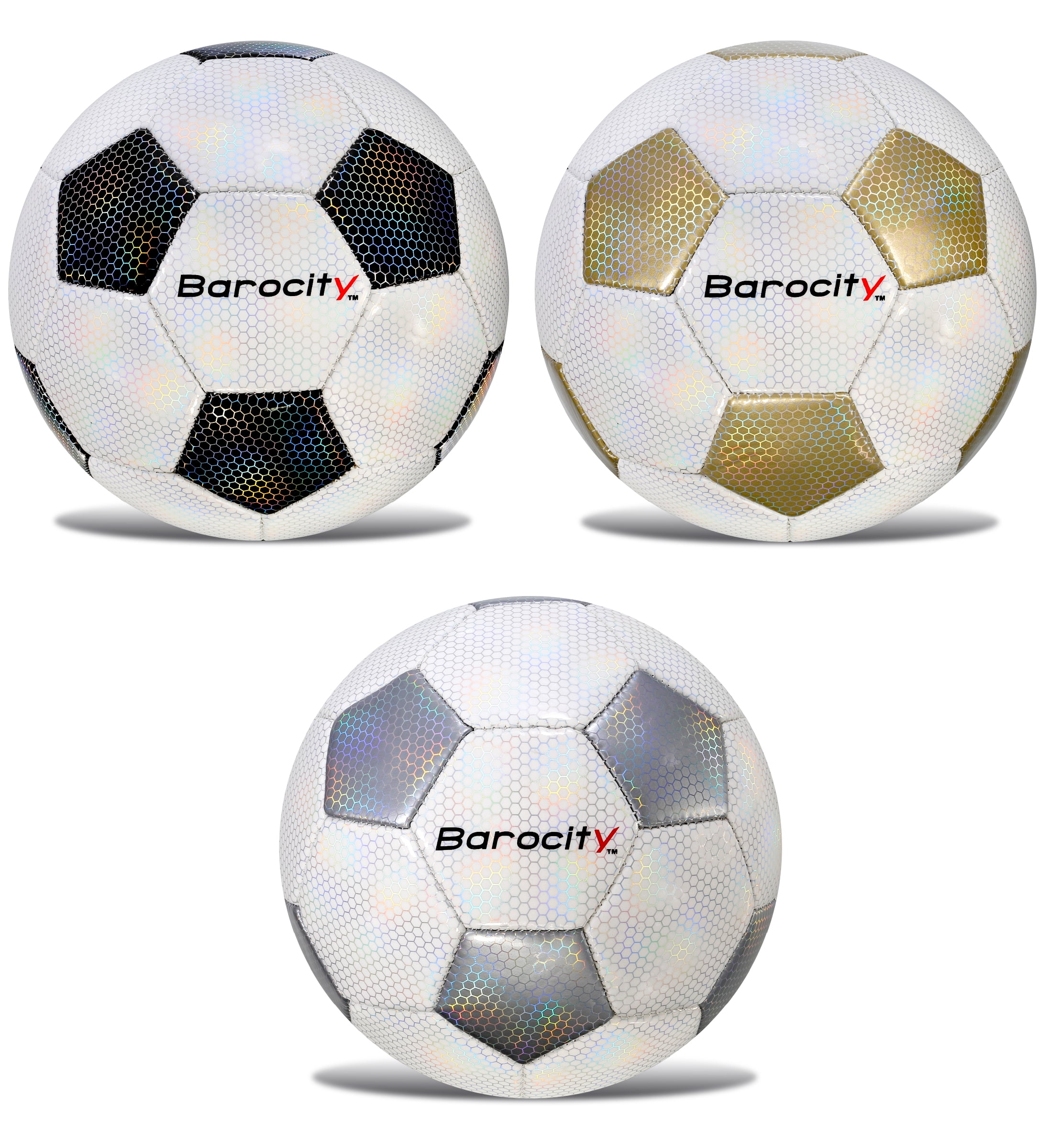 Barocity Classic Pattern Soccer Balls Set of 3 - Classic Black, Gold, Silver Official Match Ball with Reflective Hex Pattern, Sport Soccer Balls for Indoor and Outdoor Training and Practice - Size 4