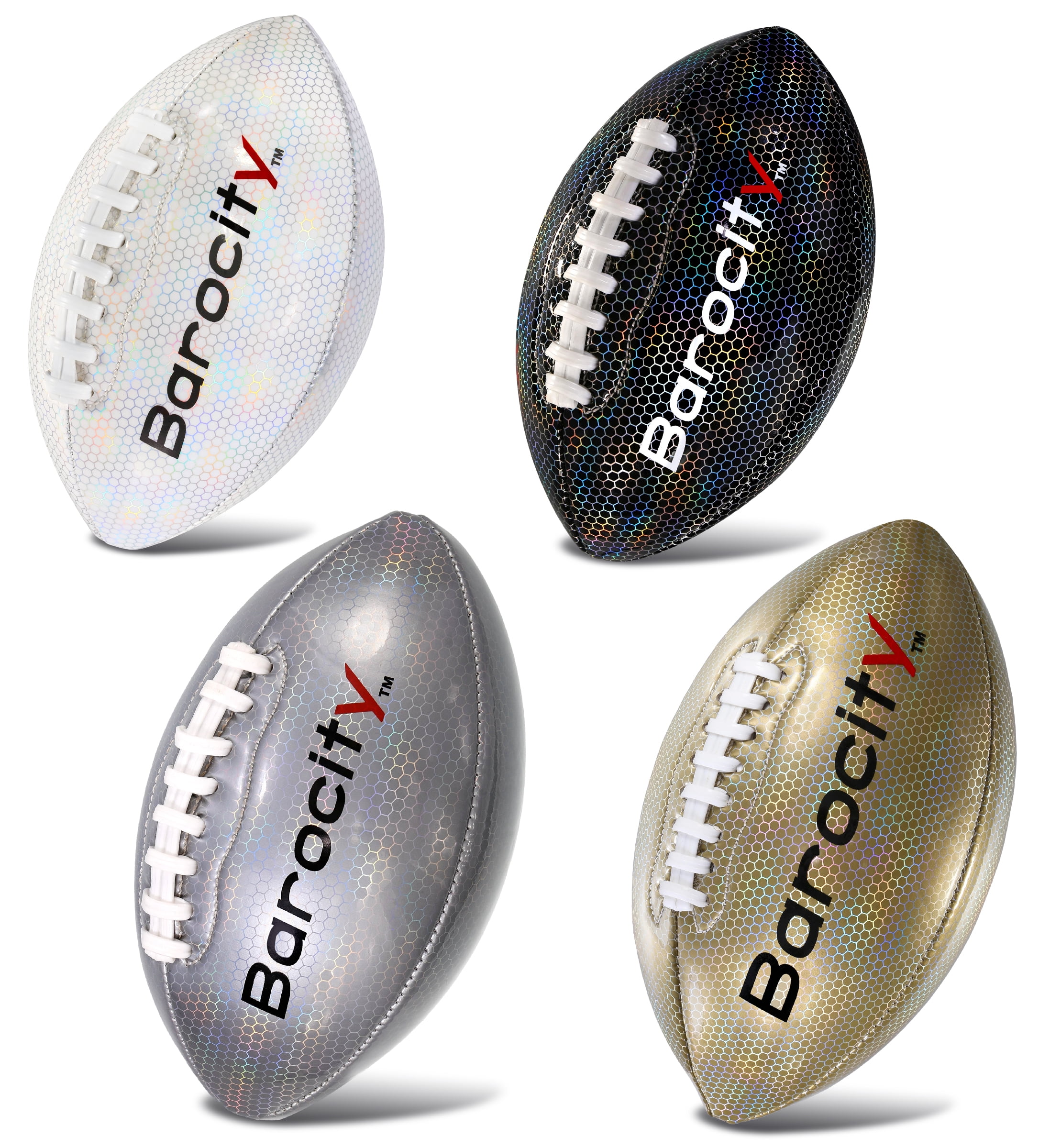 Barocity Footballs for Kids - Reflective Iridescent Rainbow Hex Pattern Boy and Girl Official Match Football - 4 Premium Durable Training Balls White Size 3, Black Size 3, Silver Size 6, Gold Size 6