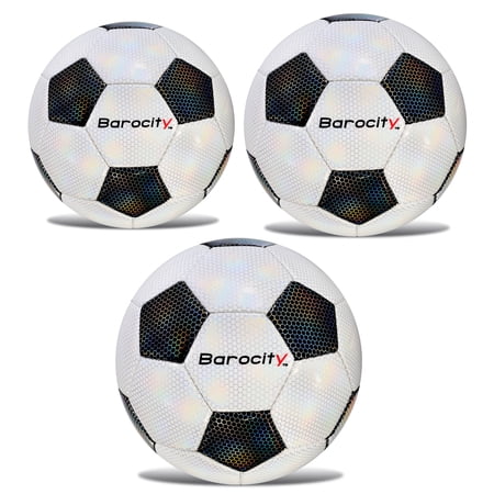 Barocity Iridescent Soccer Balls Set of 3 - Classic Black and White Official Match Balls with Reflective Hex Pattern, Sport Soccer Balls for Indoor, Outdoor Training and Practice - Sizes 3, 4, and 5