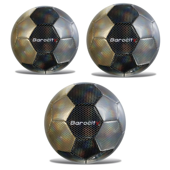 Barocity Iridescent Soccer Balls Set of 3 - Mixed Silver, Black, Gold Official Match Balls with Reflective Hex Pattern, Sport Soccer Balls for Indoor, Outdoor Training and Practice - Sizes 3, 4, and 5