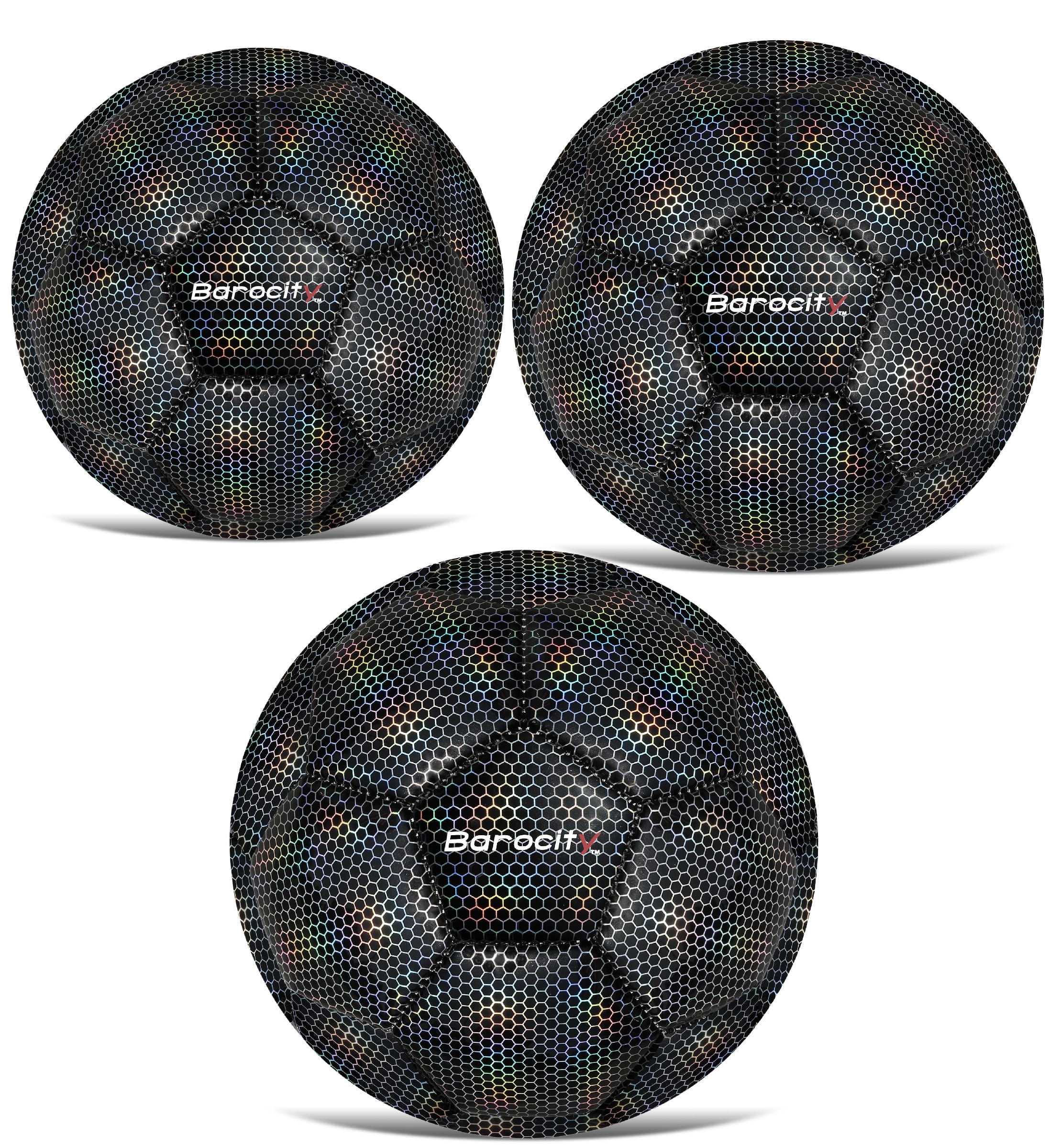 Barocity Iridescent Soccer Balls Set of 3 - Mixed Sizes Black Official Match Balls with Reflective Hex Pattern, Sport Soccer Balls for Indoor and Outdoor Training and Practice Games- Sizes 3, 4, and 5