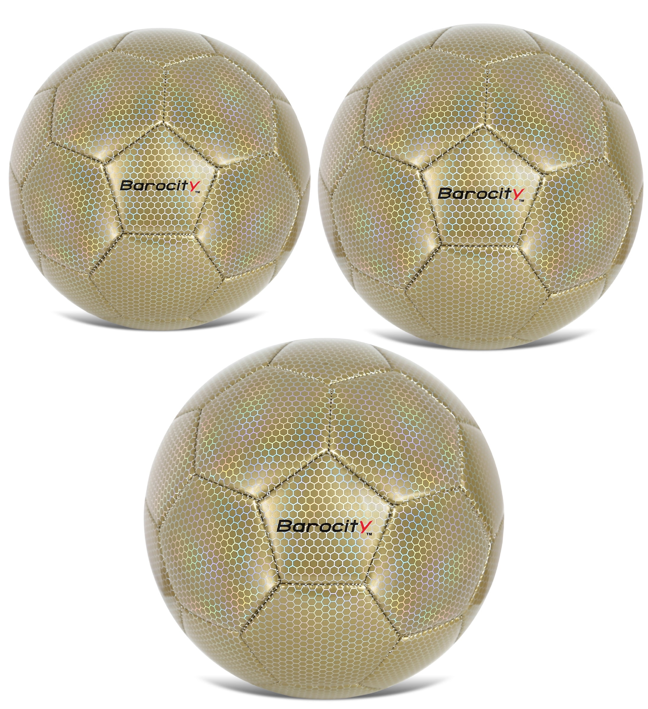 Barocity Iridescent Soccer Balls Set of 3 - Mixed Sizes Gold Official Match Balls with Reflective Hex Pattern, Sport Soccer Balls for Indoor and Outdoor Training and Practice Games- Sizes 3, 4, and 5