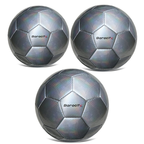 Barocity Iridescent Soccer Balls Set of 3 - Mixed Sizes Silver Official Match Balls with Reflective Hex Pattern, Sport Soccer Balls for Indoor and Outdoor Training and Practice Games- Sizes 3, 4 and 5