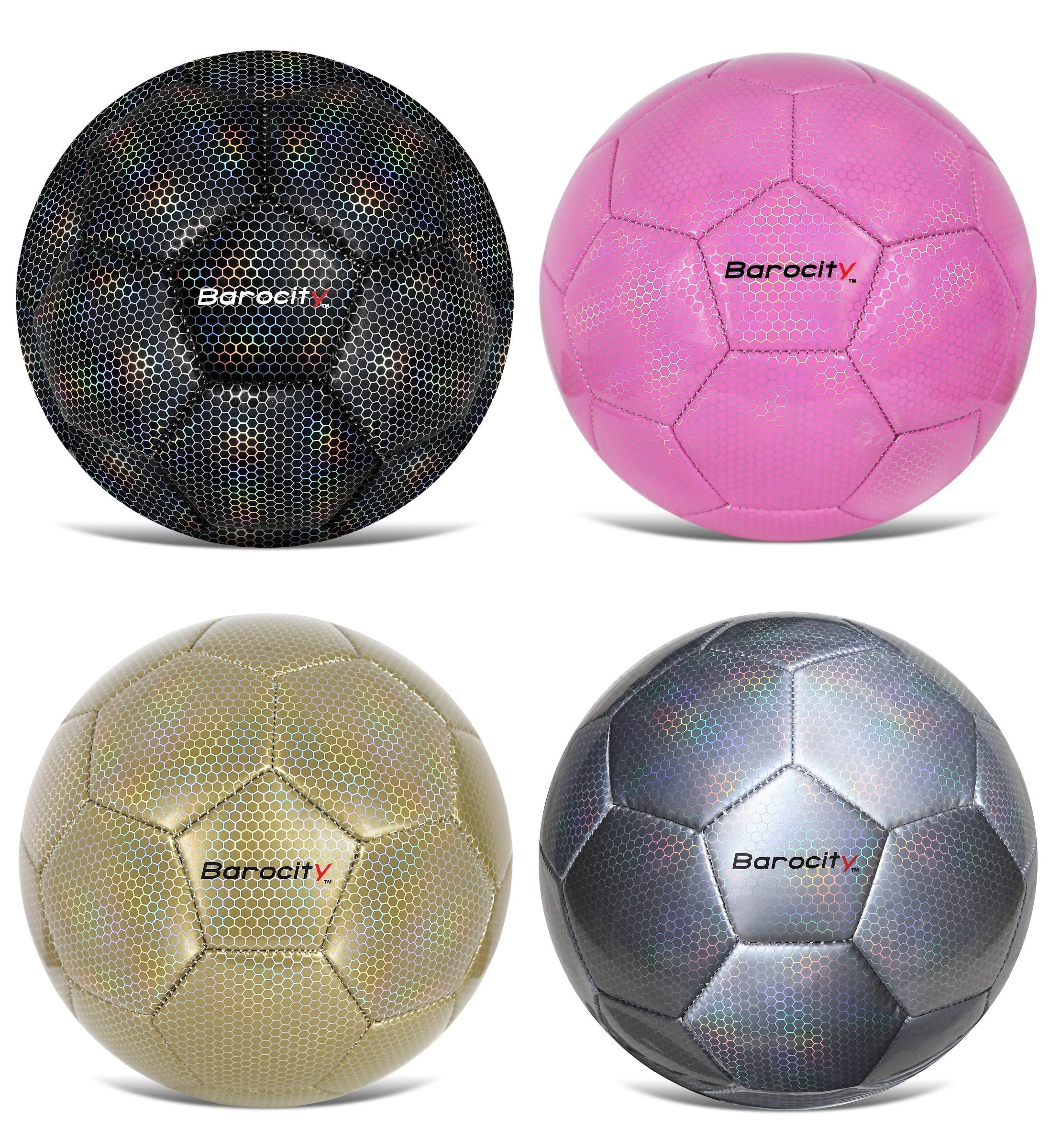 Barocity Iridescent Soccer Balls Set of 4 - Black, Gold, Silver and Pink Official Match Ball with Reflective Hex Pattern, Sport Soccer Balls for Indoor and Outdoor Training and Practice Games- Size 5