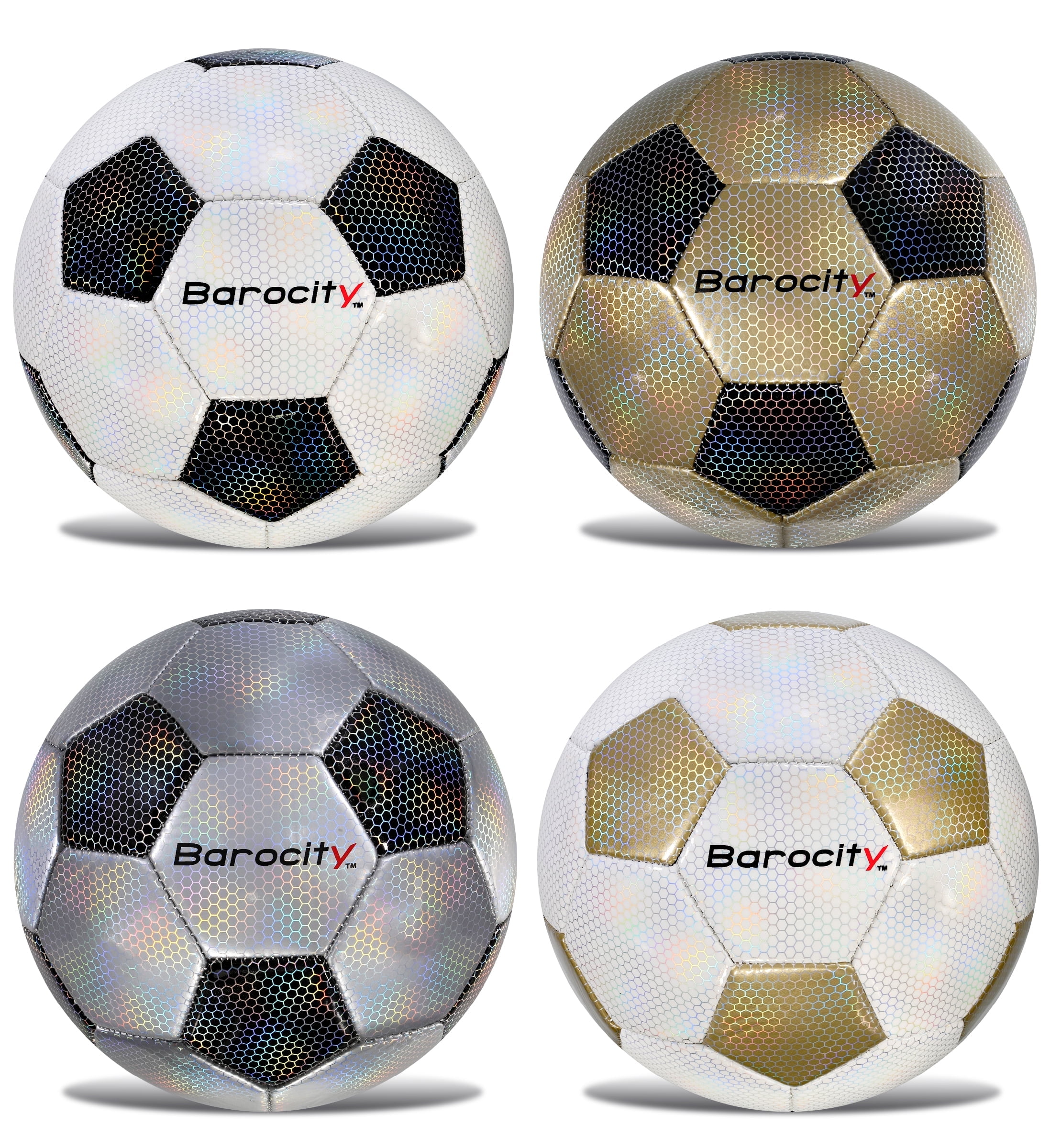 Barocity Iridescent Soccer Balls Set of 4 – Black, Gold, Silver and White Official Match Ball with Reflective Hex Pattern, Sport Soccer Balls for Indoor and Outdoor Training and Practice - Size 5
