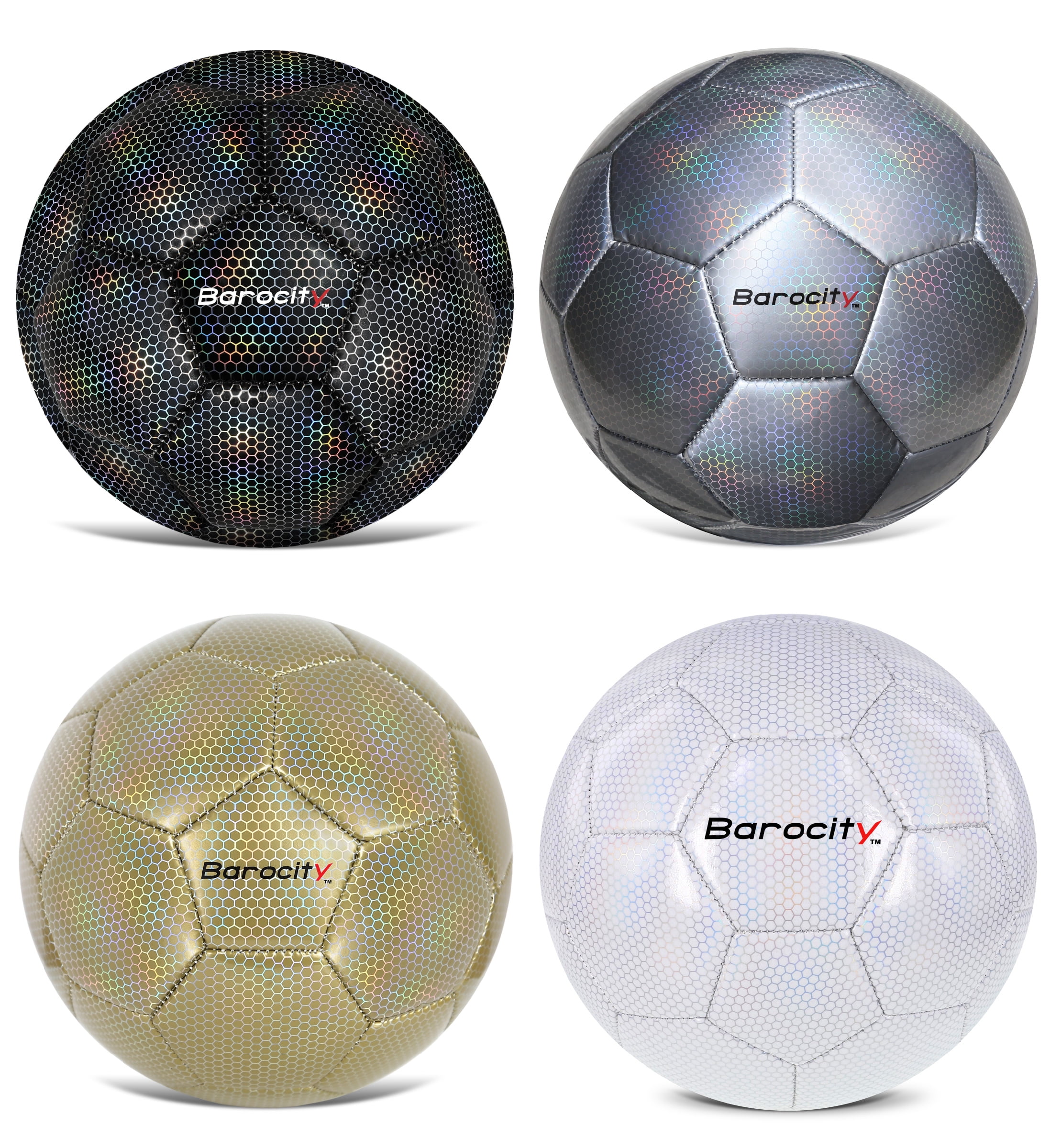 Barocity Iridescent Soccer Balls Set of 4 – Black, Gold, Silver, White Official Match Ball with Reflective Hex Pattern, Sport Soccer Balls for Indoor and Outdoor Training and Practice Games - Size 3