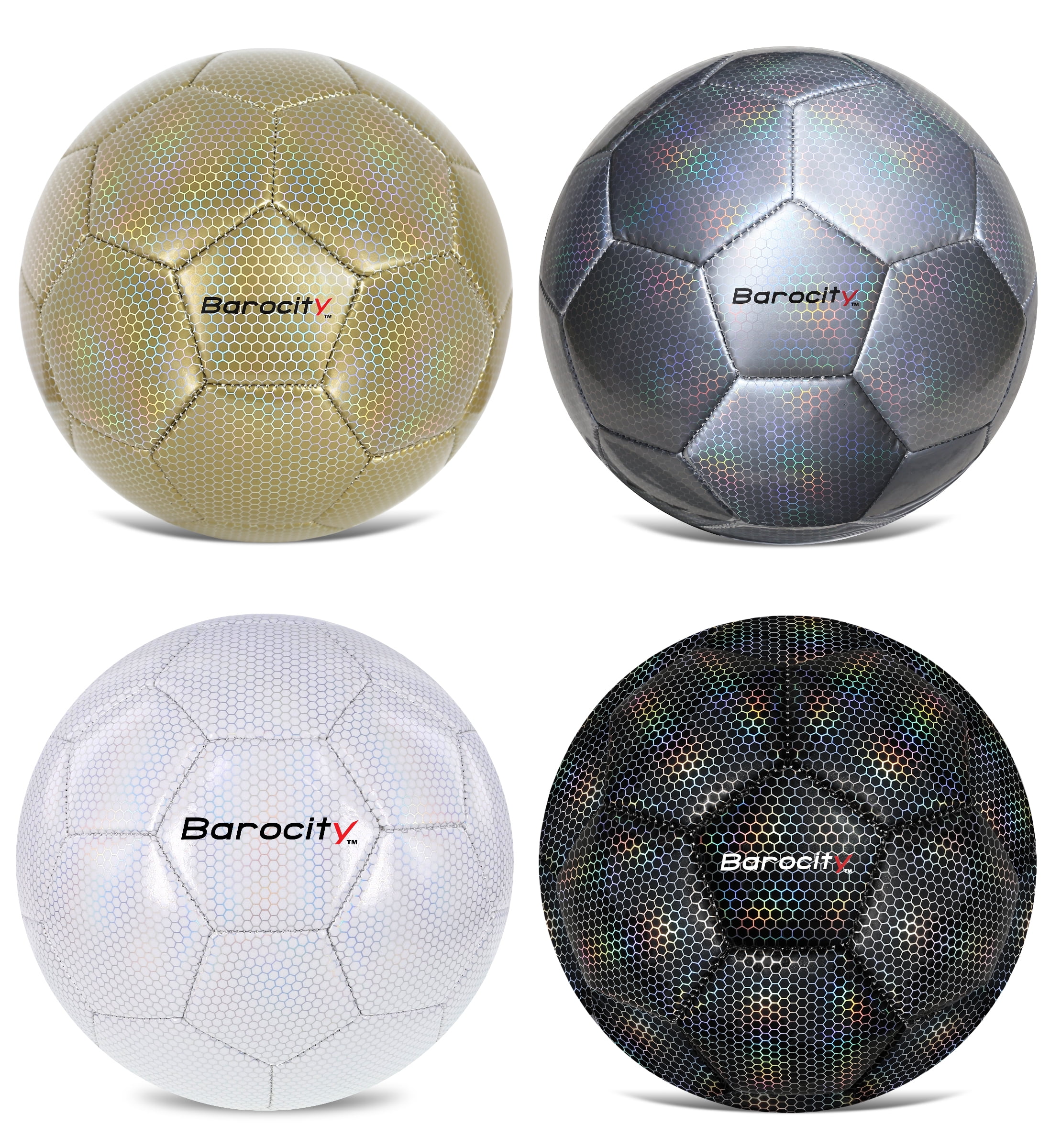 Barocity Iridescent Soccer Balls Set of 4 – Black, Gold, Silver and White Official Match Ball with Reflective Hex Pattern, Sport Soccer Balls for Indoor Outdoor Training and Practice Games - Size 5