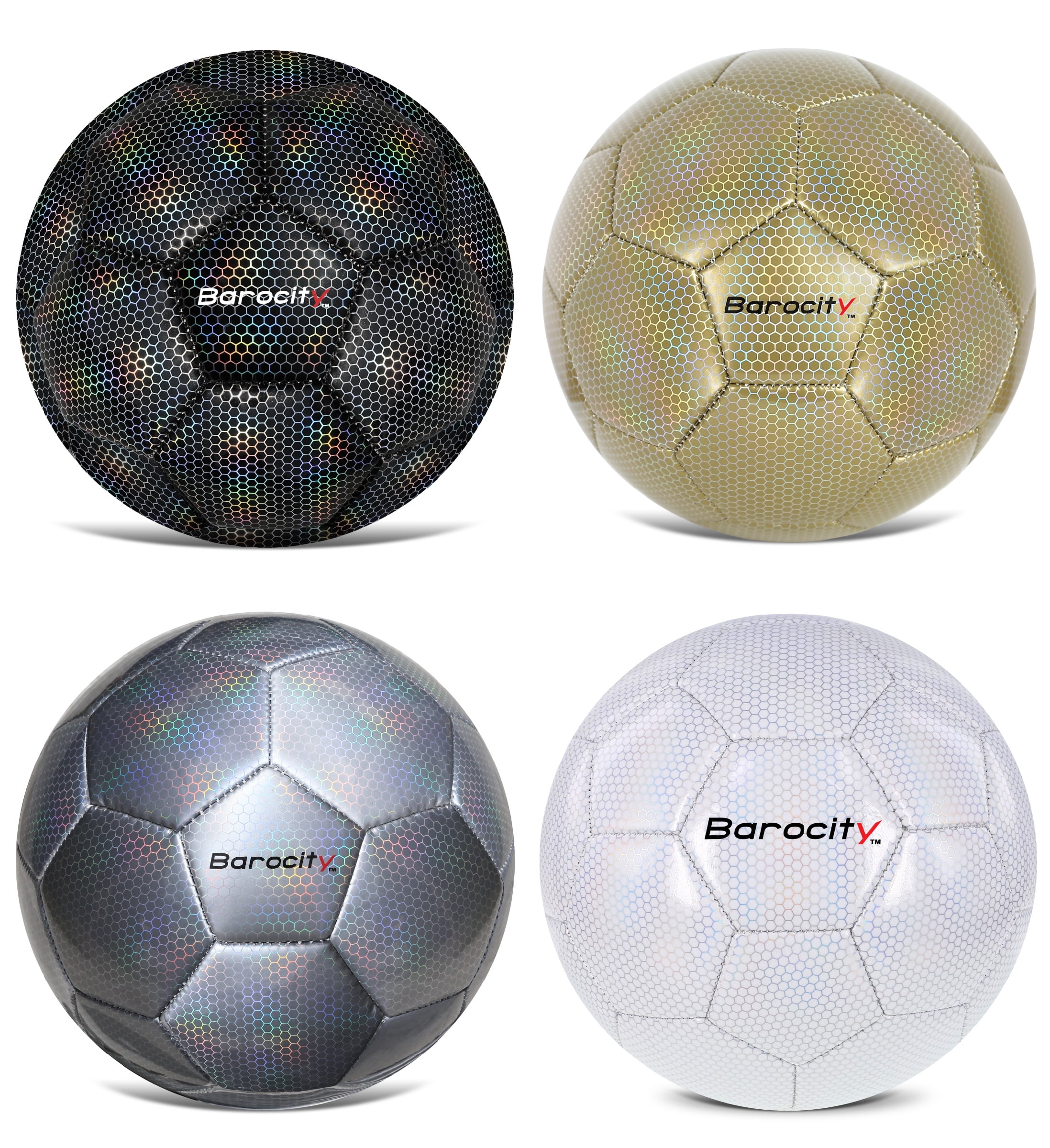 Barocity Iridescent Soccer Balls Set of 4 – Black, Gold, Silver and White Official Match Ball with Reflective Hex Pattern, Sport Soccer Balls for Indoor Outdoor Training and Practice Games - Size 4