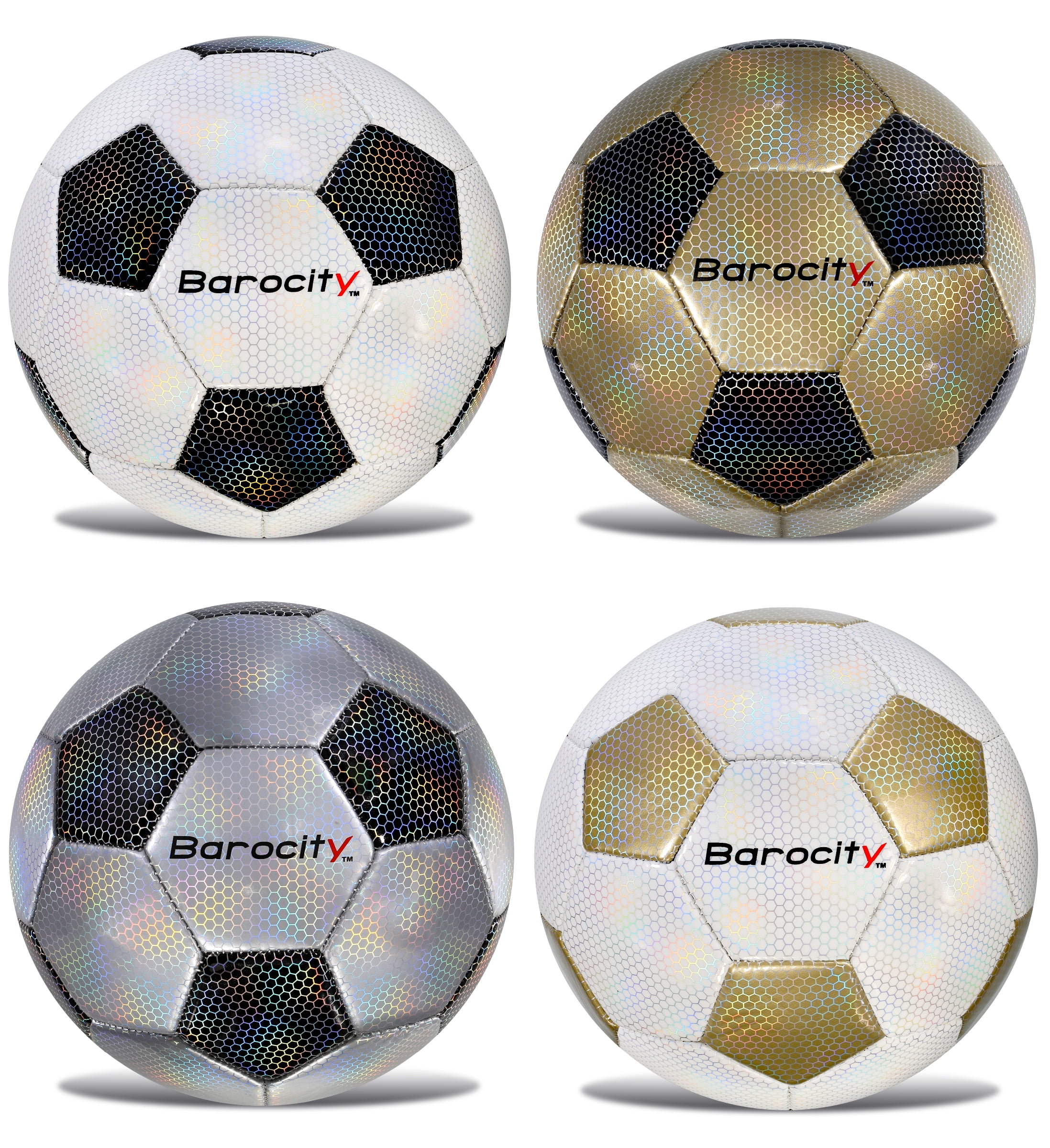 Barocity Iridescent Soccer Balls Set of 4 – Black, Silver, White and Gold Official Match Ball with Reflective Hex Pattern, Sport Soccer Balls for Indoor and Outdoor Training and Practice - Size 4