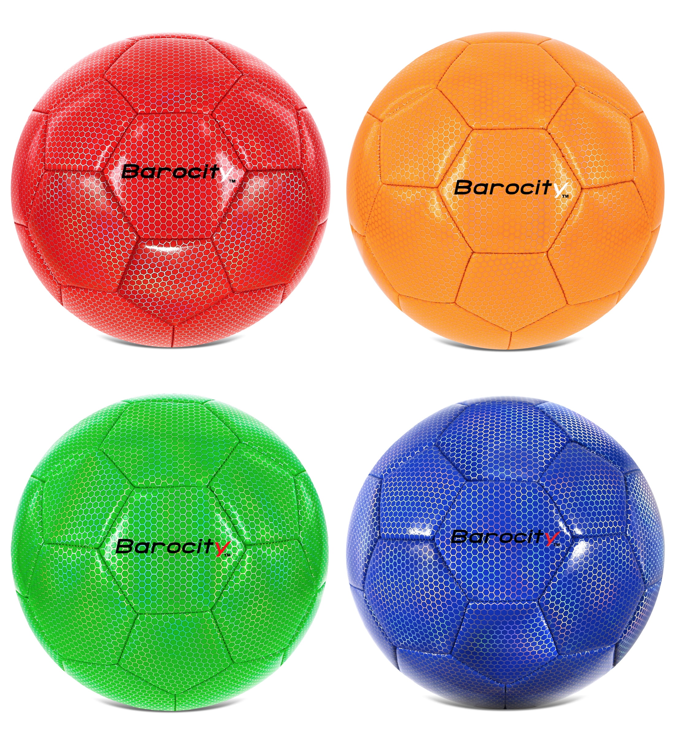 Barocity Iridescent Soccer Balls Set of 4 – Blue, Red, Green, and Orange Official Match Ball with Reflective Hex Pattern, Sport Soccer Balls for Indoor Outdoor Training and Practice Games - Size 5