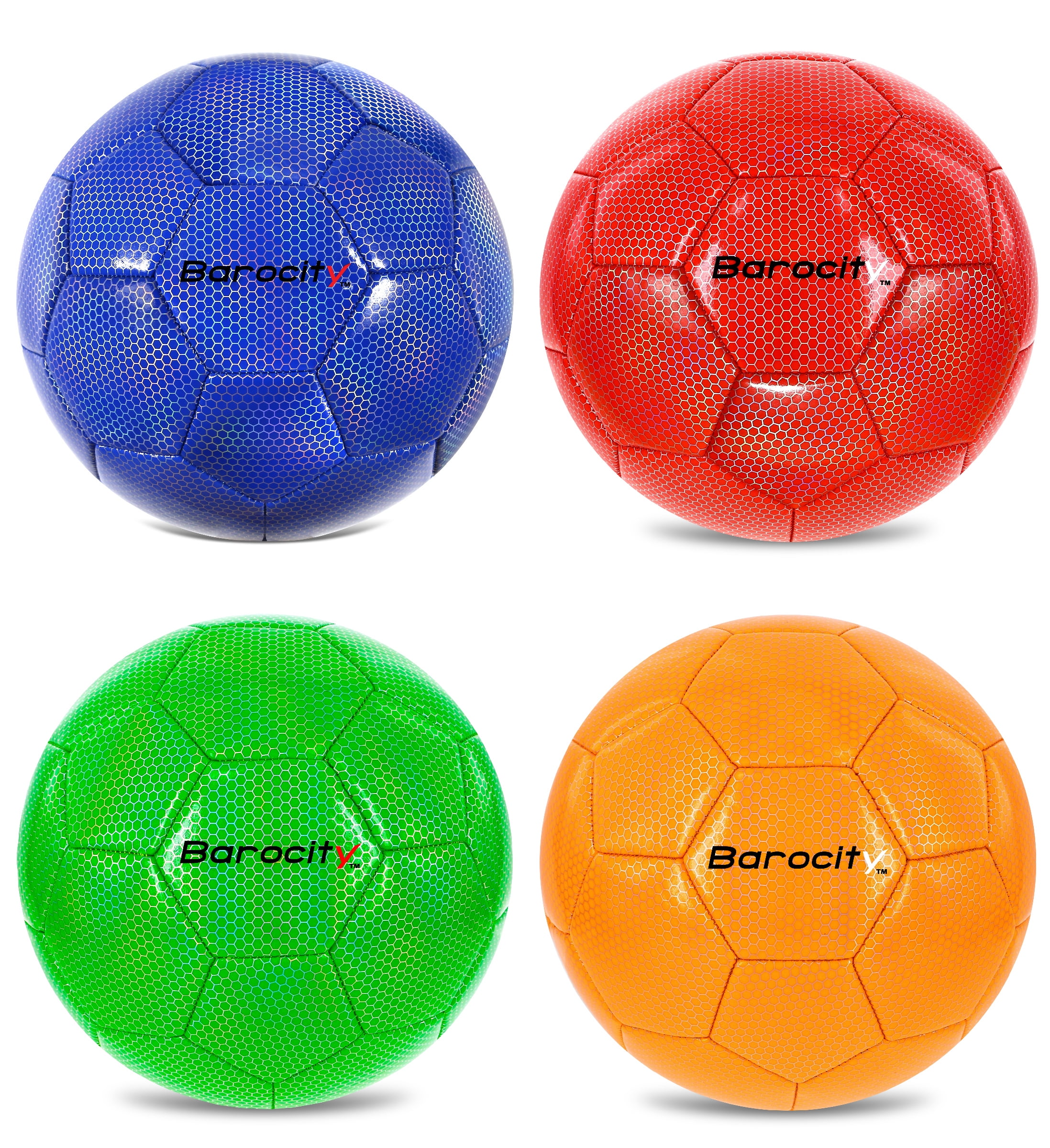 Barocity Iridescent Soccer Balls Set of 4 – Blue, Red, Green and Orange Official Match Ball with Reflective Hex Pattern, Sport Soccer Balls for Indoor Outdoor Training and Practice Games – Size 4