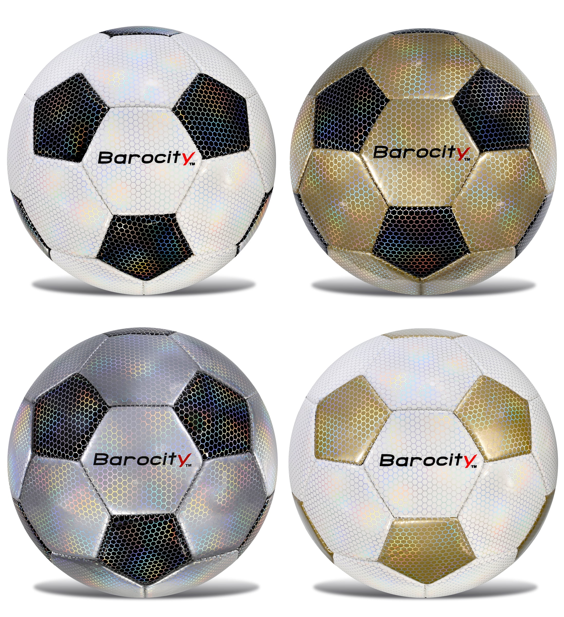 Barocity Iridescent Soccer Balls Set of 4 – Classic Black, Gold, Silver, White Official Match Ball with Reflective Hex Pattern, Sport Soccer Balls for Indoor, Outdoor Training and Practice - Size 3