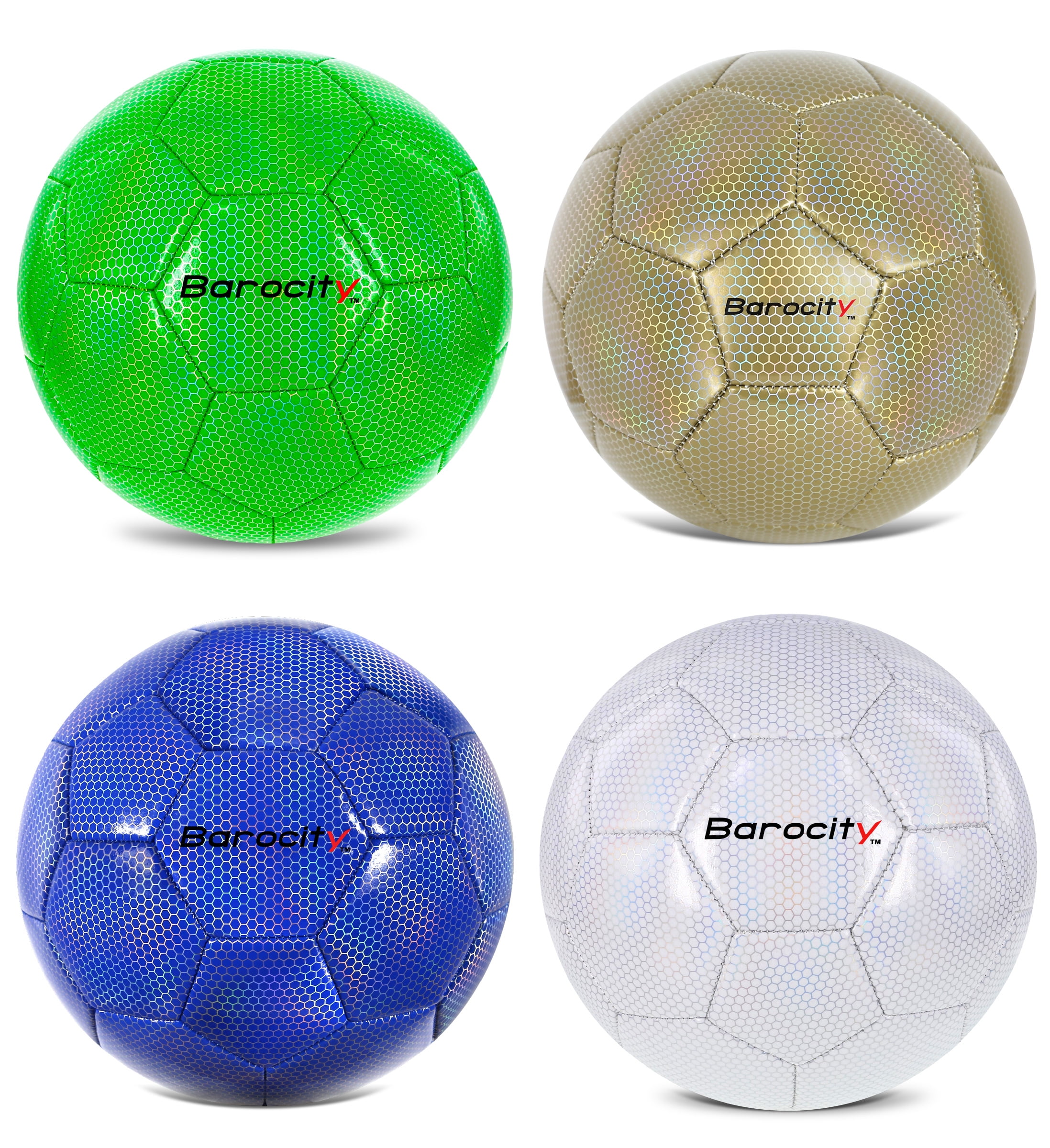 Barocity Iridescent Soccer Balls Set of 4 – Gold, Blue, White, Green Official Match Ball with Reflective Hex Pattern, Sport Soccer Balls for Indoor and Outdoor Training and Practice Games - Size 3