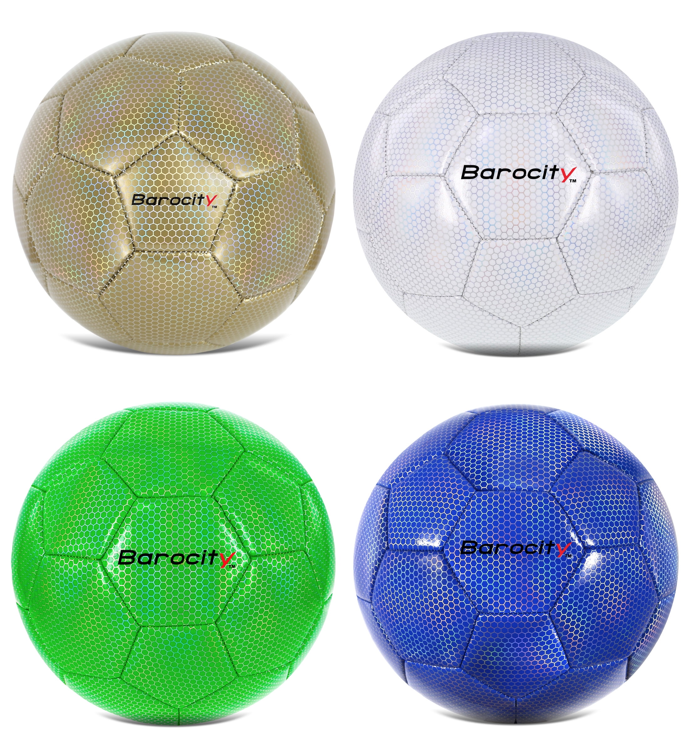 Barocity Iridescent Soccer Balls Set of 4 - Gold, Blue, White, and Green Official Match Ball with Reflective Hex Pattern, Sport Soccer Balls for Indoor and Outdoor Training and Practice Games- Size 4