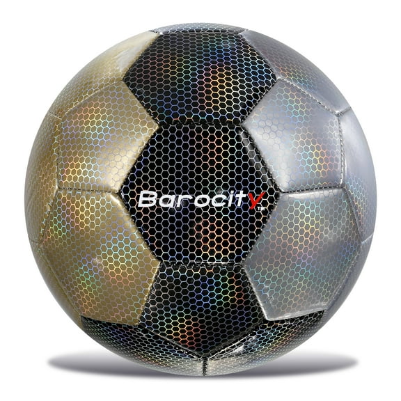 Barocity Modern Pattern Soccer Ball - Indoor, Outdoor Soccer Balls with Reflective Iridescent Rainbow Hex Pattern, Kids Soccer Ball for Training, Practice, Playtime - Size 4 - Mix Silver, Black, Gold