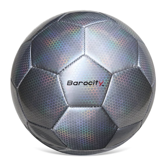 Barocity Soccer Ball - Premium Boy and Girl Official Match Ball with Cool Reflective Rainbow Hex Pattern, Durable, Indoor, Outdoor, Training, Practice, Playtime and Games - Silver Size 3
