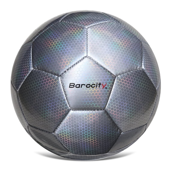 Barocity Soccer Ball - Premium Official Match Ball with Cool Reflective Rainbow Hex Pattern, Durable Adult and Kids Soccer Ball for Indoor, Outdoor, Training, Practice, Play and Games - Silver Size 5