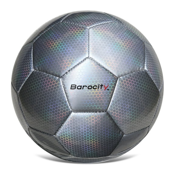 Barocity Soccer Ball - Premium Official Match Ball with Cool Reflective Rainbow Hex Pattern, Durable Adult and Kids Soccer Ball for Indoor, Outdoor, Training, Practice, Play and Games - Silver Size 4