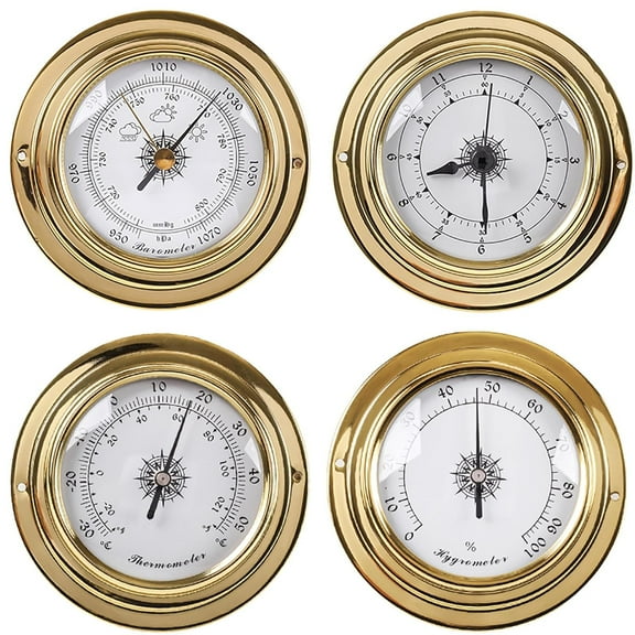 Barometer,Barometers for The Home,Barometer Thermometer Hygrometer Clock,4 pcs Analog Weather Station Set,Fishing Barometer,Portable Marine Wall Mount Barometers Indoor Outdoor,Gold,98mm