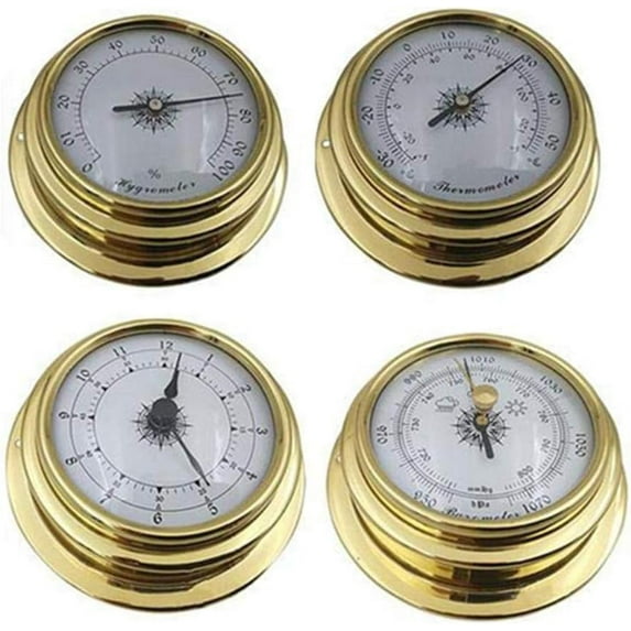 Barometer,Brass Color Wall Hanging baromete,4 Pcs/Set Thermometer Hygrometer Barometer Clocks,Copper Shell for Weather Station