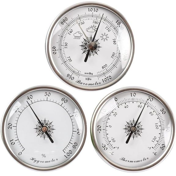 Barometer Thermometer Hygrometer: 3 PCS Analog Weather Station Clock Mechanical Gauge Set, 2.83in Dial Type Barometers for The Home, Kitchen, Fishing Boat, Baby Room, Office, Terrace (Silver)