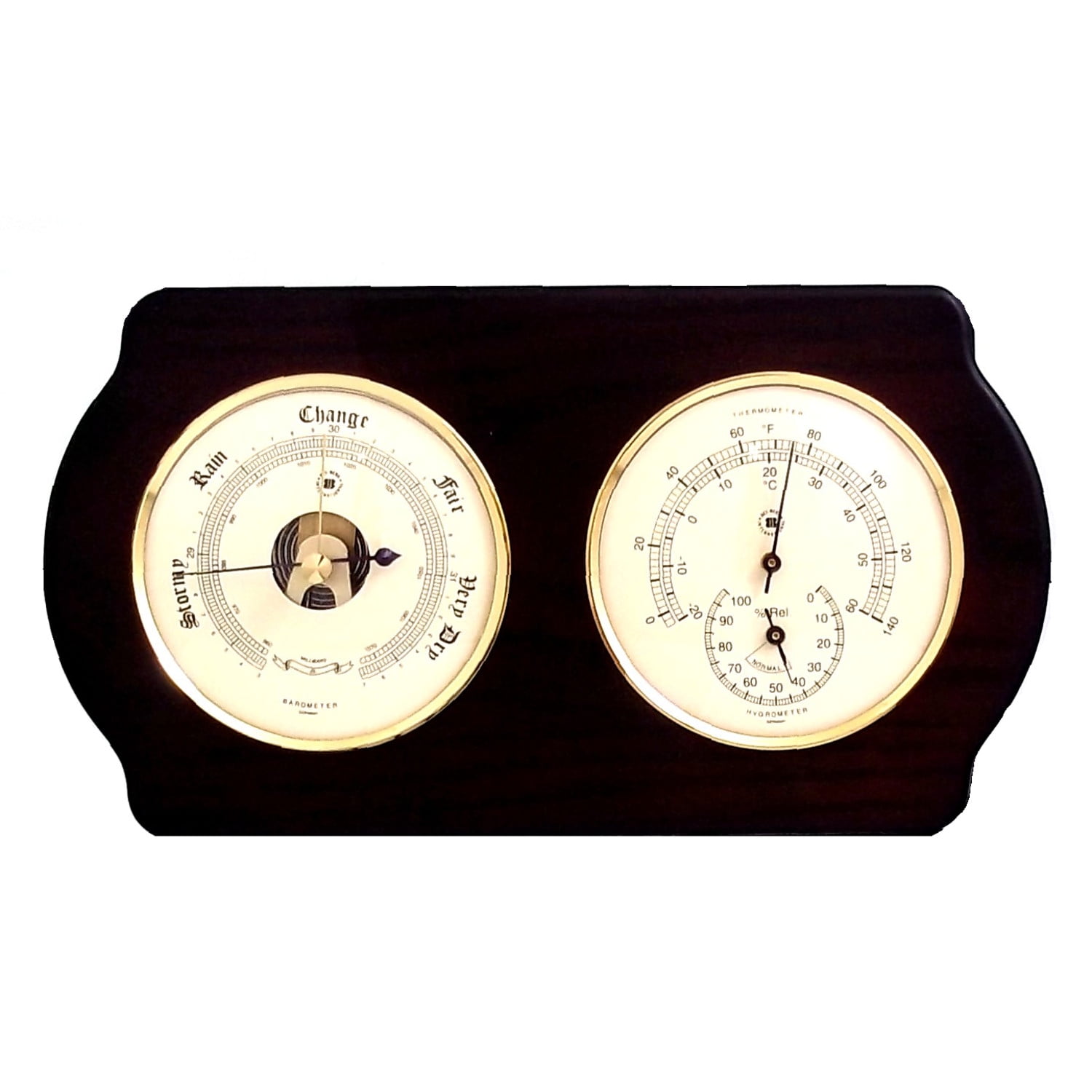 Barometer and Thermometer with Hygrometer on Ash Wood with Brass Bezel. Wall Mounts Vertically or Horizontally.