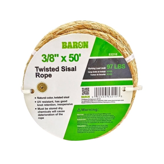 Baron 53210 Twisted Sisal Rope, 3/8 Inch x 50 Feet, Natural