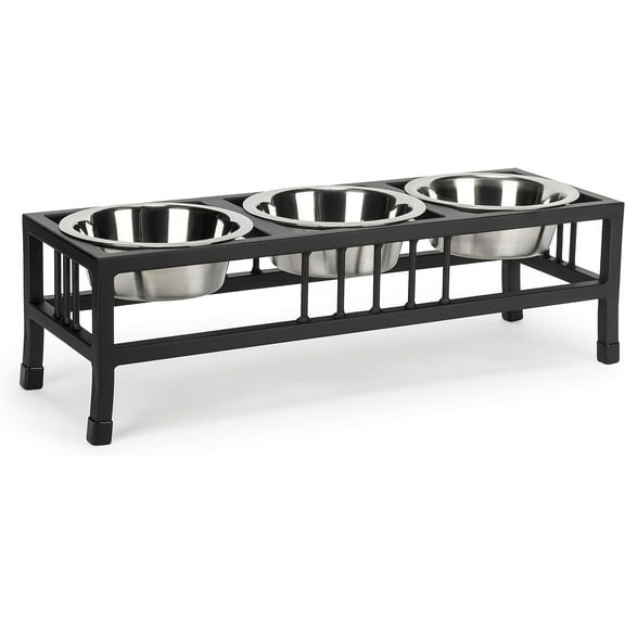 NMN Designs Baron Triple Bowl Diner - Raised Pet Feeder, Black - 3 Bowl Cat & Dog Stand - Metal - Best 2 Qt Stainless Bowls - 8" Tall - Elevated Stainless Steel - Multi Pet Feeder