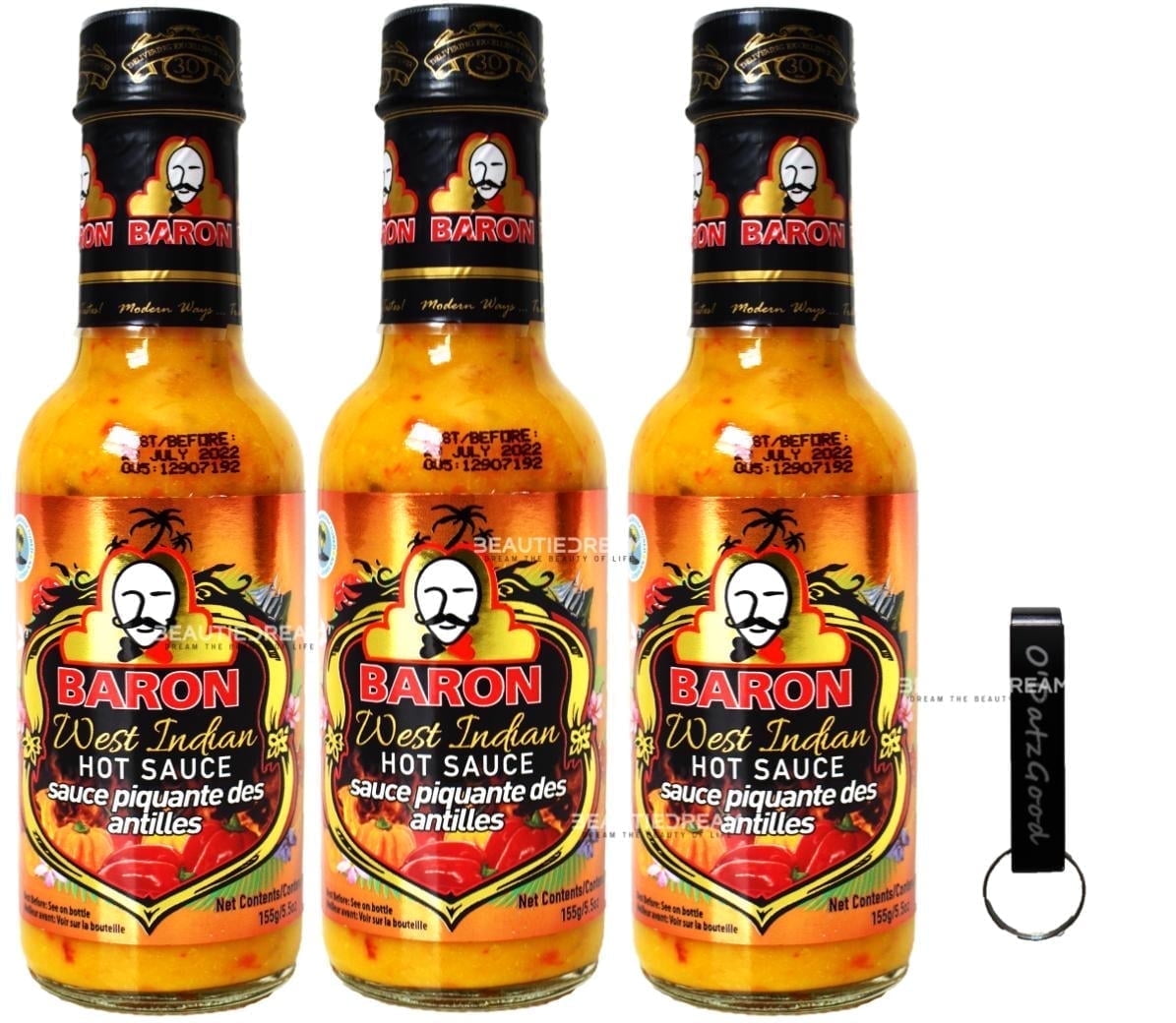 Baron West Indian Hot Sauce. 5.5 oz (155g) Pack of 3 Packaged w/ ODatzGood