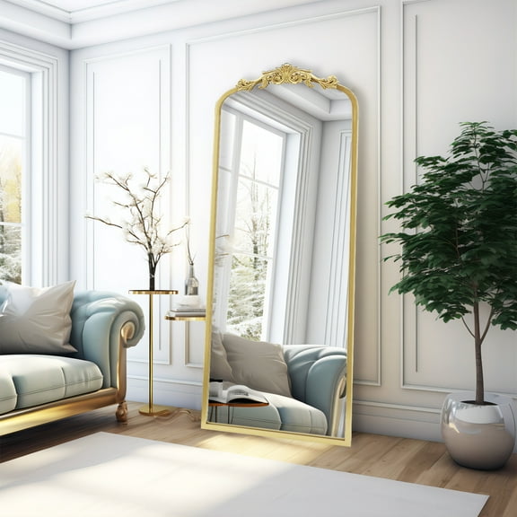 Baroque Arched Floor Mirror 22"x65" Antique Style Full Length Vintage Mirror with Elegant Ornate Metal Frame, Wall Hanging or Leaning Decorative Mirror for Bedroom, Entryway, Living Room, Hallway