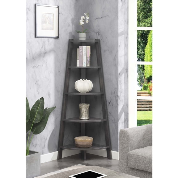 Baroque Beauty 5-Tier Wide Corner Bookcase, Weathered Gray, Tall Open Bookshelf for Living Room, Office, Bedroom Storage & Display
