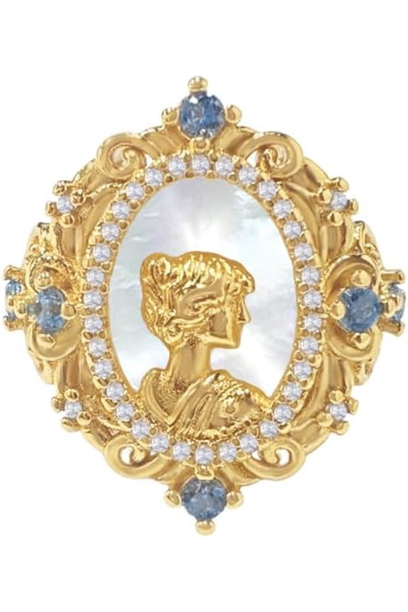 Baroque Beauty Lady Portrait Ring - Statement Expandable Pearl Shell Victorian Cameo Dainty Cubic Zirconia Rings Gold Plated Stack Open Finger Band Vintage Wedding Anniversary Jewelry