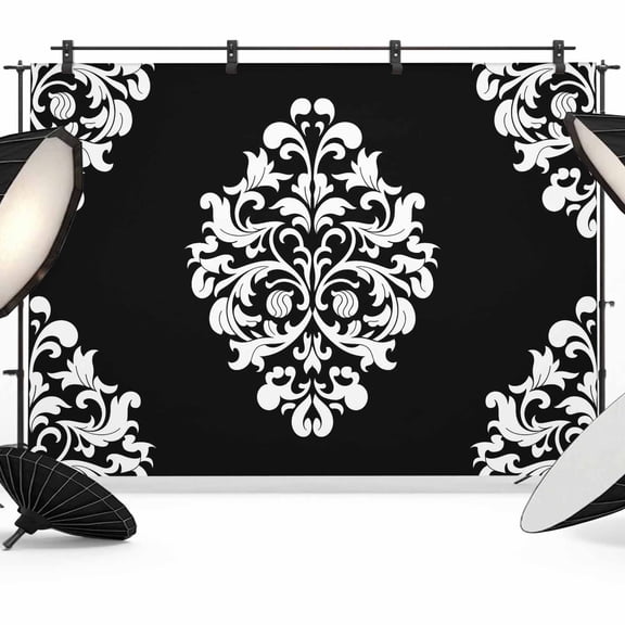 Baroque Black Backdrop for Photography, Fabric Photo Background Backdrop, Vintage Damask Classic Floral Photo Booth Background for Portrait Photoshoot Video Wedding Studio Decoration Banner 7x5ft