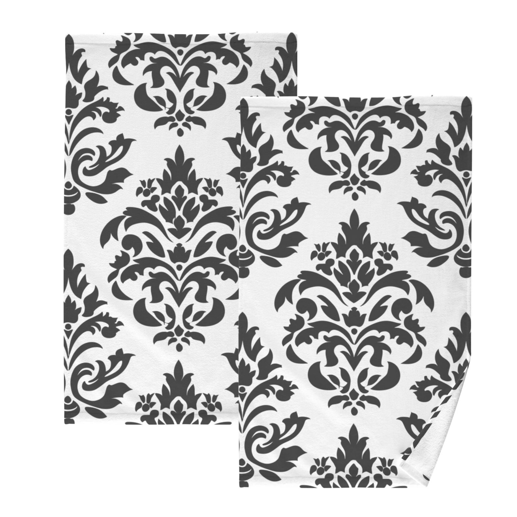 Baroque Black Damask Figure 2 Pcs Hand Towel Set Cotton Absorbent Soft Face Towels Bath Towels for Bathroom Kitchen Shower Hotel Decor 16"x28"